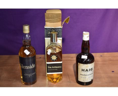 Three bottles of Blended Scotch Whisky, The Antiquary 70 Proof 26 2/3 Fl Ozs in box, low level, John Haig &amp; Co Ltd 70 Pro