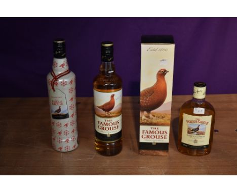 Four bottles of Famous Grouse Scotch Whisky, 40% vol 70cl in card box, 40% vol 70cl x2 and 43% vol 50cl in plastic bottle