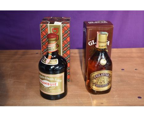 A bottle of Drambuie Liqueur 40% vol 1 litre in card box and a bottle of Glayva Scotch Liqueur 700ml 40% vol with import labe