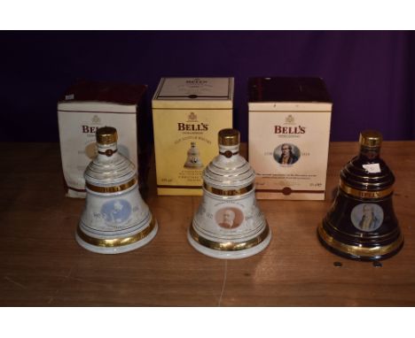 Six Wade Bells Scotch Whisky Decanters, aged 8 years, Great Scottish Inventors series, James Watt, Alexander Fleming &amp; Ar