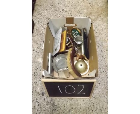CARTON CONTAINING TWO WEIGHT SCALES, PLATED WARE INCL; A PEWTER ASHTRAY &amp; A CRUMB BRUSH