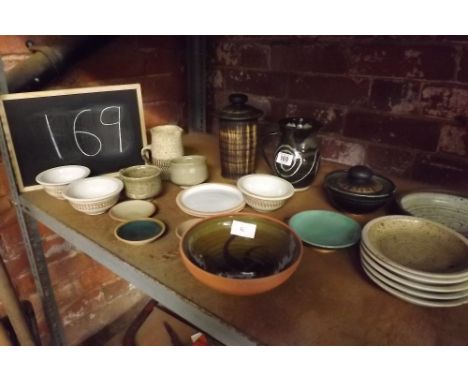 SHELF OF STUDIO STYLE POTTERY INCL; BOWLS, JUGS, VASES ETC