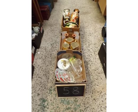 THREE CARTONS OF MIXED CERAMIC &amp; GLASSWARE INCL; GRADUATED SET OF JUGS BY J &amp; S POTTERY,TWO CANDLE STICKS BY WATCOMBE