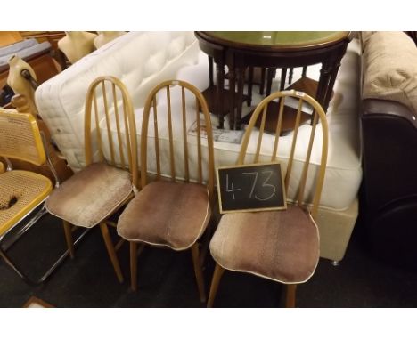 THREE MODERN STICK BACK PINE KITCHEN CHAIRS WITH CUSHIONS