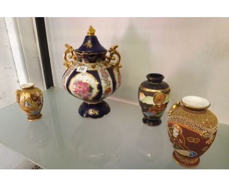 SHELF CONTAINING SATSUMA STYLE VASES &amp; A BLUE &amp; GOLD HANDLED CHINA PORCELAIN VASE WITH LID