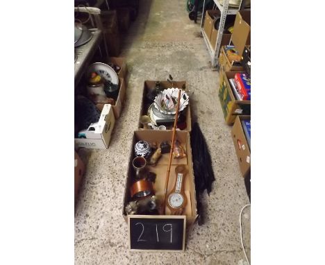 TWO CARTONS OF MIXED CHINAWARE INCL; A SMALL BAROMETER, BAMBOO HANDLED UMBRELLA, A SILVER BANDED WALKING CANE, A SMALL MANTLE