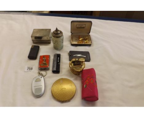 TUB WITH VARIOUS CIGARETTE LIGHTERS, SMALL BOXED SPIRIT WARMER, POWDER COMPACT &amp; CUFF LINKS