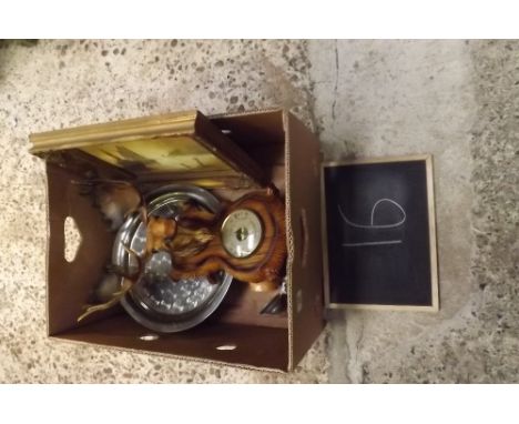 CARTON WITH WHITE METAL TRAY, PLASTIC MOOSE HEAD BAROMETER, GILT FRAMED PICTURE, HORSE SHOE &amp; SMALL BEER STEIN
