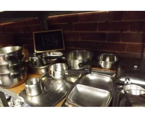 SHELF CONTAINING VARIOUS STAINLESS STEEL POTS &amp; PANS &amp; GRAVY BOATS ETC