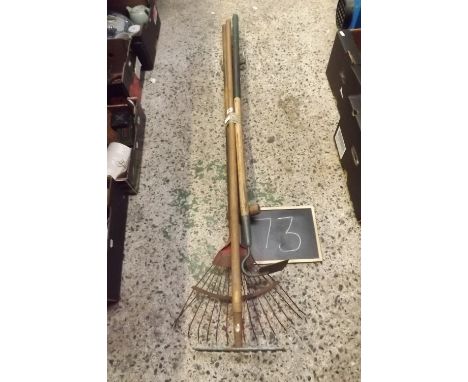 BUNDLE OF GARDEN TOOLS INCL; A RAKE, HOE &amp; FORK