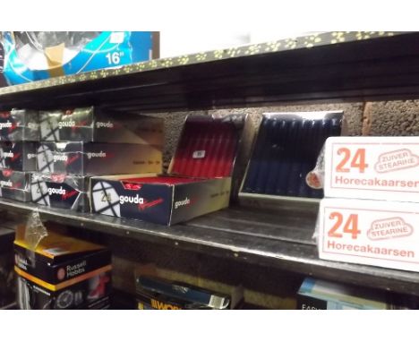 SHELF OF 11 RED, WHITE &amp; BLUE CANDLES IN BOXES