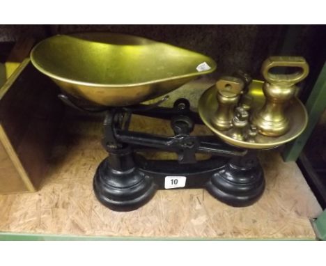 SET OF  SMALL CAST IRON &amp; BRASS SCALES WITH BELL WEIGHTS