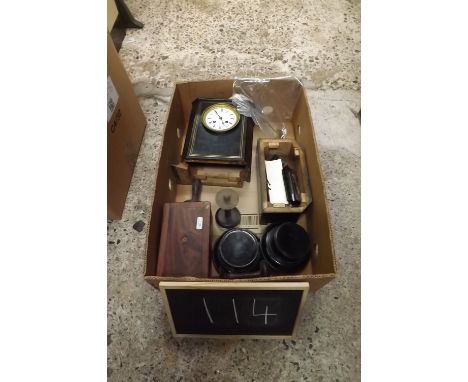 CARTON CONTAINING MISC WOODEN ITEMS, CUP BASES, TWO PART TEA CADDY &amp; A WOOD CASED FRENCH MANTLE PIECE CLOCK BY POTONIE OF