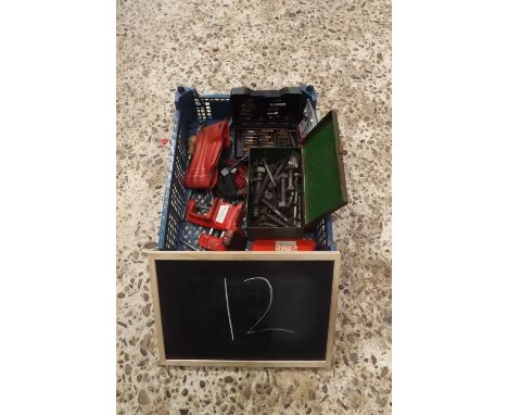 SMALL CARTON WITH SMALL VICE, DRILL SETS, TIN BOX WITH NUTS &amp; BOLTS &amp; OTHER SMALL TOOLS