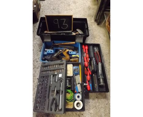 TWO PLASTIC TOOL BOXES WITH CONTENTS, A BLUE CARTON WITH MISC HAND TOOLS, SCREWDRIVERS, PLIERS, WOOD PLANES ETC &amp; QTY OF 