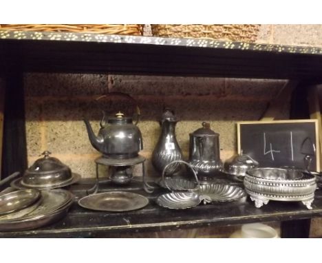 SHELF OF PLATEDWARE INCL; SPIRIT KETTLE, COFFEE &amp; WATER JUGS &amp; VARIOUS DISHES