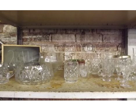 SHELF WITH GLASS BISCUIT BARREL, COMMEMORATIVE CRYSTAL BOWL &amp; GLASS MUGS