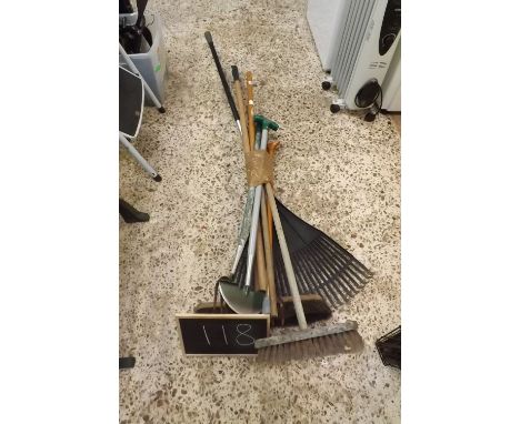 A BUNDLE OF GARDEN TOOLS INCL; RAKES &amp; BRUSHES &amp; SMALL FORKS