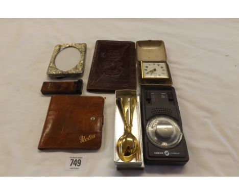 TUB WITH QUARTZ METRONOME, WALLETS, WHITE METAL PICTURE FRAME, TRAVEL CLOCK &amp; SMALL KNIFE &amp; FORK SET