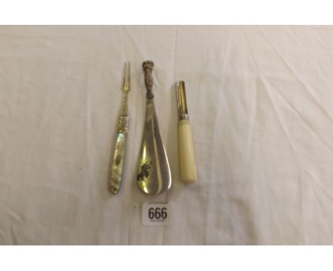 SILVER HANDLED SHOE LIFT, A BONE HANDLED APPLE CORER &amp; A PEARL HANDLED SWEET MEAT FORK ALL IN MARKED SILVER