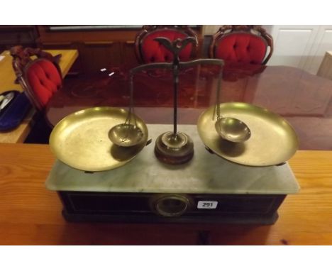 AN UNUSUAL SET OF BRASS &amp; MARBLE WEIGHING SCALES 