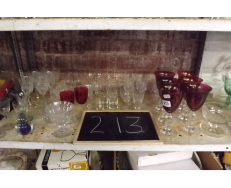 SHELF WITH VARIOUS WINE GLASSES &amp; SIX CRANBERRY STYLE GLASSES