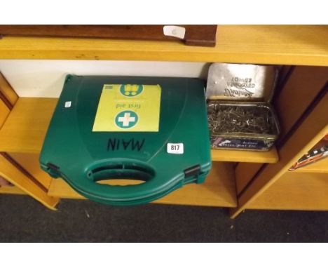 A PART FILLED FIRST AID KIT IN GREEN CONTAINER &amp; A TIN OF PINS