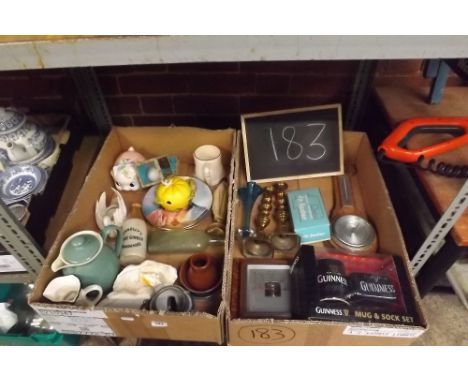 TWO CARTON OF MIXED CHINA WARE, SMALL BAROMETER, BRASS CANDLE STICKS, SQUARE BAROMETER, GUINESS MUG &amp; SOCK SET