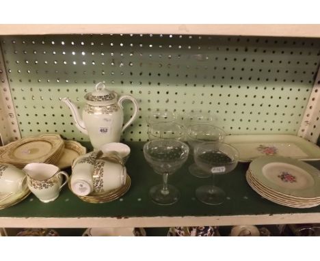 SHELF OF TEA WARE &amp; CHAMPAIGNE GLASSES