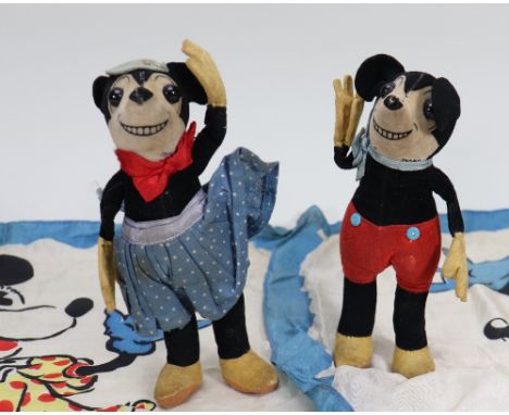 Deans Rag Book Mickey and Minnie Mouse, circa 1930, velvet ratting faced Mickey and Minnie with printed features and black bu