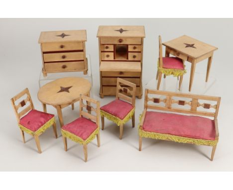 Suite of light wood Dolls house furniture: German circa 1900, including Secretaire with fall front, interior with drawers, pi