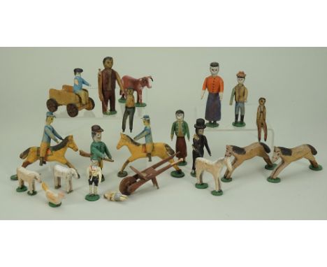 Erzgebirge wooden figures and animals, 19th century, painted figures include two galloping horses with riders, 2 ½” (6.3cm) h