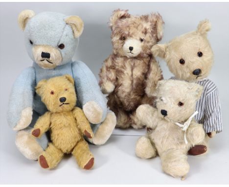 Collection of five various Teddy bears, including a tipped long mohair bear with orange glass eyes, black stitched nose and m