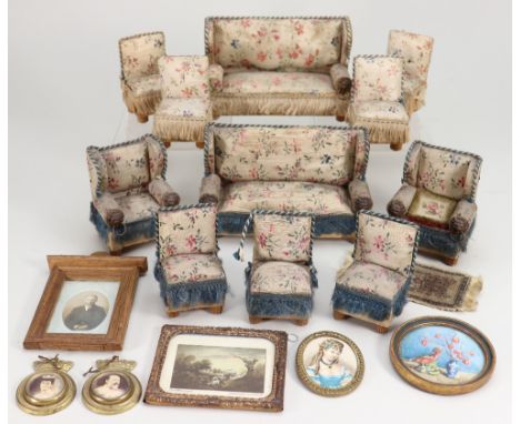 Dolls House sofas, chairs and pictures, German circa 1900, wooden upholstered ivory silk covered sofa, 3 ¼” (8cm) tall with t