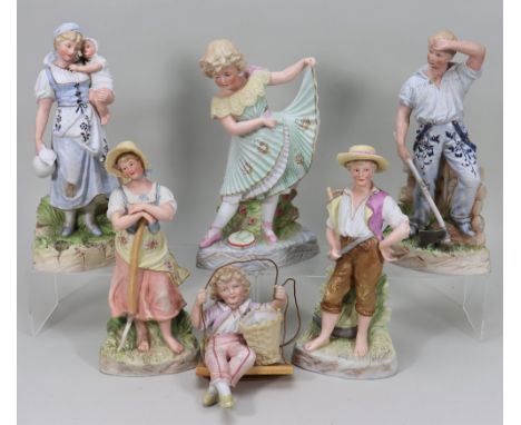 A collection of six various Heubach figurines, German circa 1910, including a blue and white pair with Heubach marks, wood cu