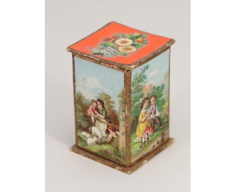 Charming card and paper lithographed needle and sowing utensil box, German circa 1890, lift of outer cover revealing fold out
