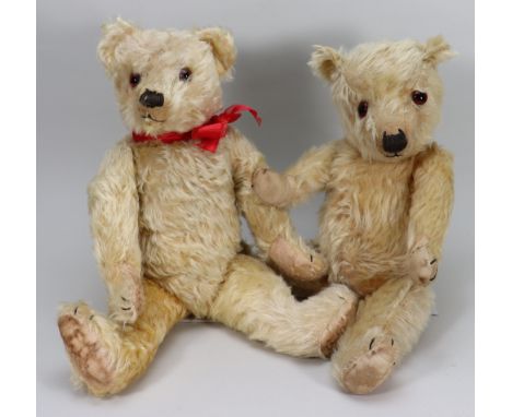 Two golden mohair Teddy bears, English 1930s, Chiltern kapok filled bears with red glass eyes, stitched nose and mouth, swive