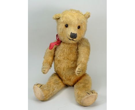 Golden mohair Chiltern Teddy bear, English 1930s, straw filled bear with amber and black eyes, black stitched nose, mouth and