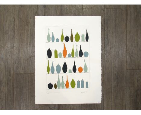 KATE OWENS (XX/XXI) A large limited edition unique screen print of vintage retro pots in orange, green and grey; signed and i