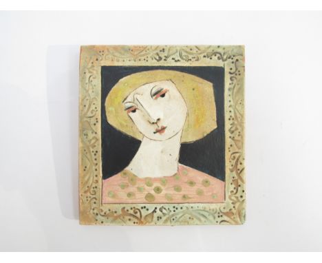 CHRISTY KEENEY (b.1958) A studio pottery wall tile with female portrait detail.  15cm x 14cm 