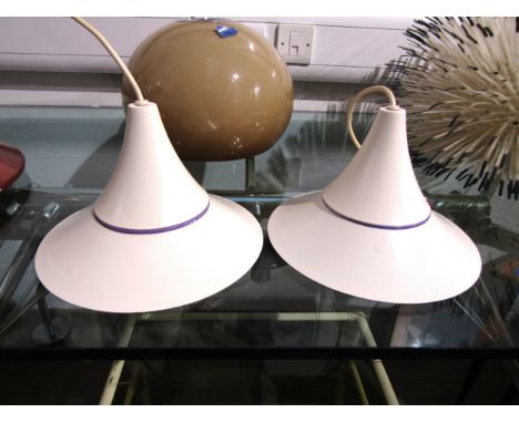 A pair of Danish ceiling lights, model Riva, of flared form in white and purple.  25cm diameter 