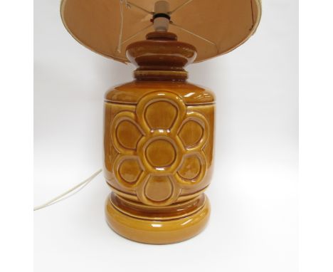 A West German Pottery floor lamp with treacle glaze, hessian shade. Base 43cm, overall 119cm a/f 