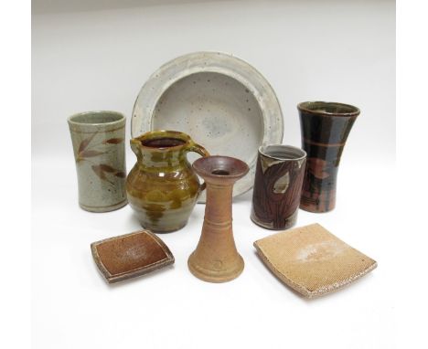A collection of Studio Pottery to include Micki Schloessingk dishes (one chipped), Muchelney Pottery candlestick, Richard Fre