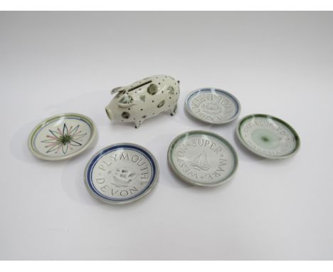 Rye Pottery - A 1950's Sussex pig and four pin dishes with town names; Wareham, Rye, Western Supermare and Plymouth and one w
