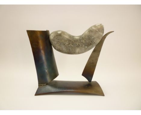 MERYEM SIEMMOND (Contemporary Suffolk artist) 'Repose'  An abstract Alabaster stone and metal sculpture. Artists details on c