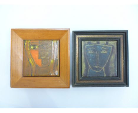 MARIA GEURTEN (1929-1998): Two framed ceramic tiles, stylised heads. Details verso. Tile size 15.3cm x 15.3cm 
