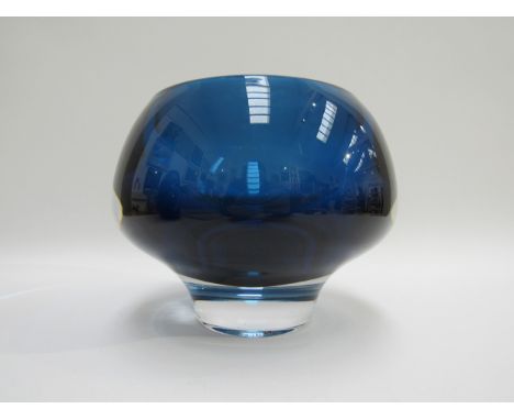 A Kosta Glass heavy cased blue vase, "Ventana" by Mona Morales-Schildt. Etched mark to base and dated '85, 16cm high 