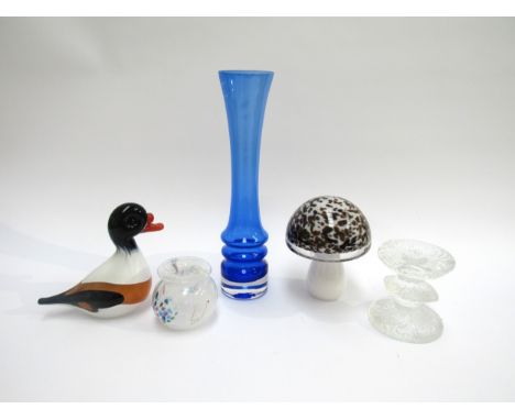 A collection of art glass including signed Langham glass duck figure, a signed Wedgwood art glass toadstool, a small multicol