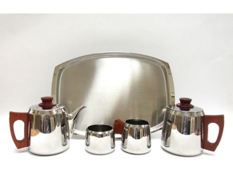 A mid 20th Century stainless steel and teak coffee and tea service by Sona, with serving tray 