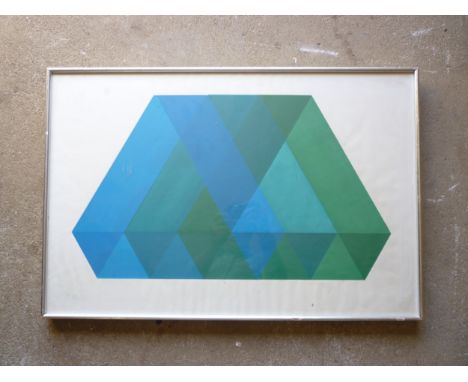 A 1960’s screen print of geometric blues and greens, faint indistinct signature bottom right and dated 1968. 46cm x 70cm, fra